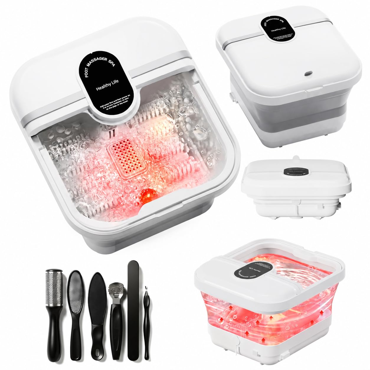 Collapsible Foot Soaking Tub Massager with Bubbles, Red Light, Temperature Control, Foot Spa Bath Massager with Heat and 8 Shiatsu Massage Rollers, Foot Bath Soak Tub, Pedicure Foot Spa, Pedicure Tub Grey