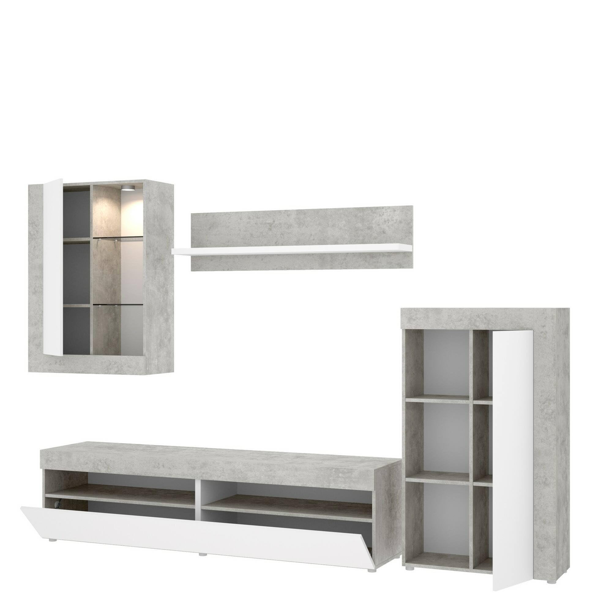 Dmora Parete Attrezzata Beverin 42x265x180h cm Bianco 12 Ripiani Modulabile, Apertura Battente e a Ribalta
