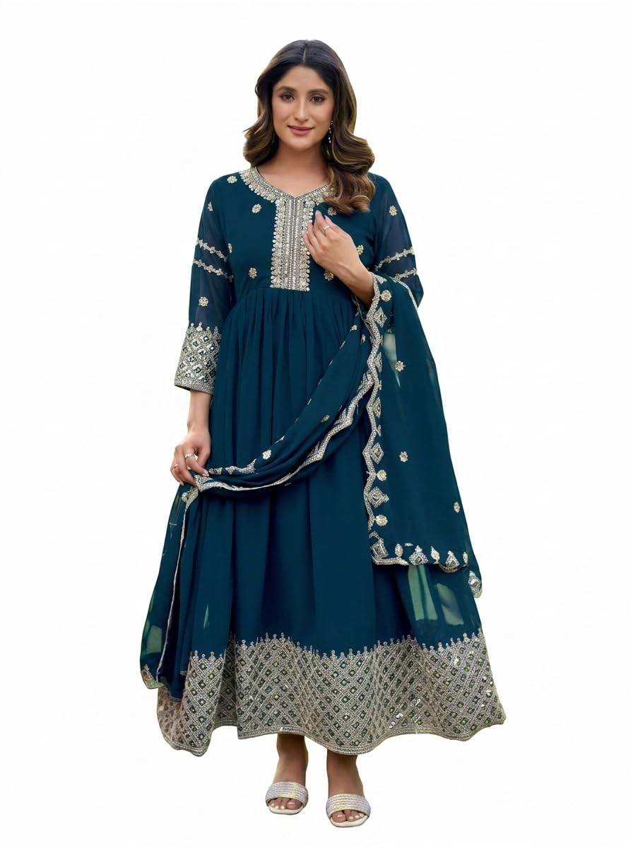 Women's Embroidered Anarkali Gown with Dupatta | Flared Floor Length Ethnic Dress for Women with 3/4 Sleeves | Designer Women Gown Dupatta Set with Mirror Work Hem-image-36