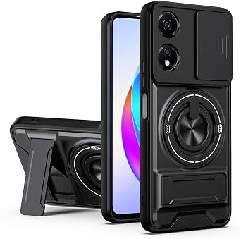 Pzwoxukhov Compatible with Honor X5 Plus 4G Case,Built-in Ring Stand and Folding Stand, Lens Protection Slider, Magnetic Protective case Black