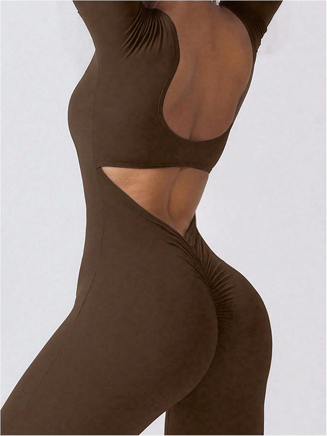 WDIRARA Women's Backless Workout Jumpsuit Long Sleeve Scrunch One Piece Yoga Unitard Pants Romper - Image 2