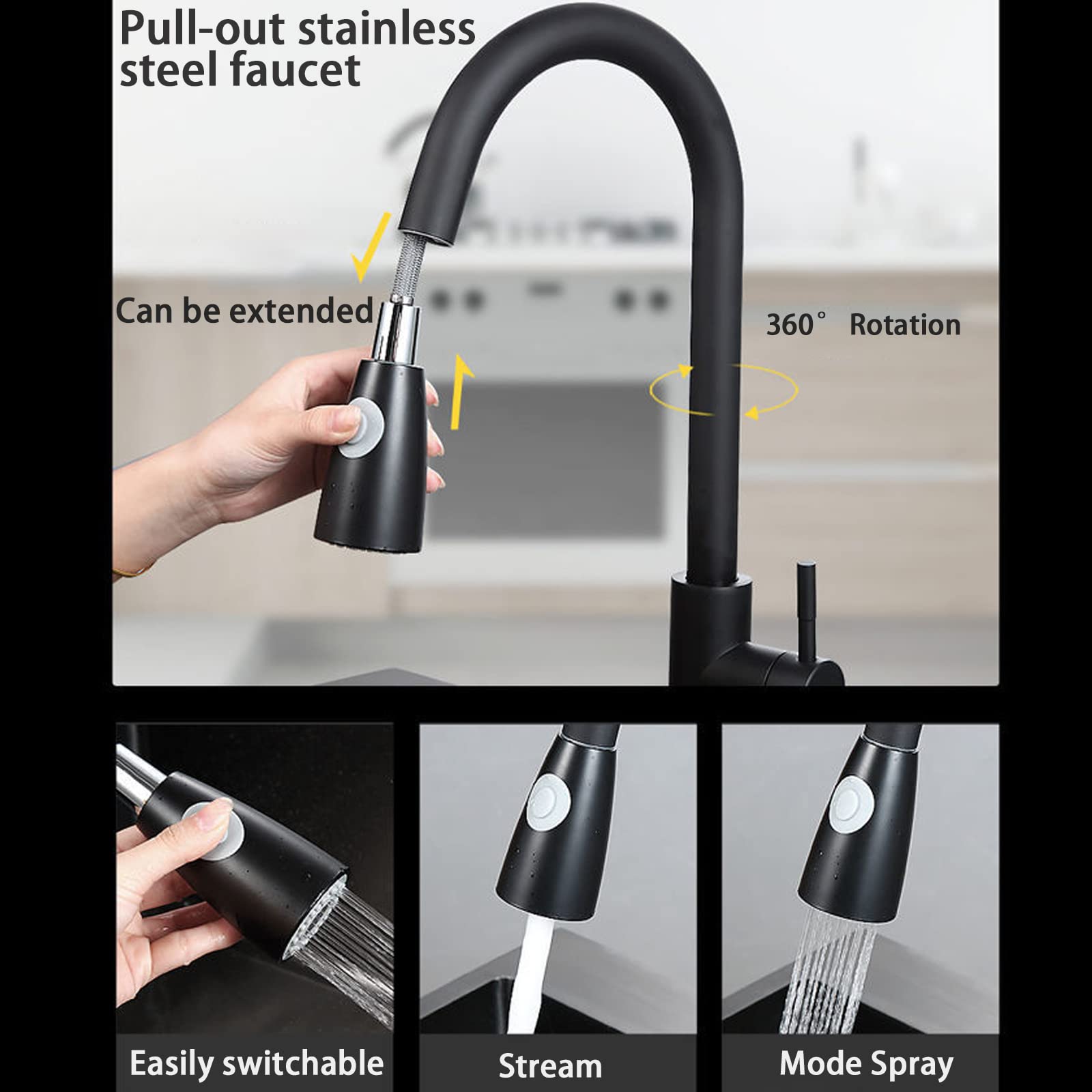 Fregadero Cocina 1 Seno Acero Inoxidable con Grifo Extraíble, Dispensador Jabón, Purificador Agua, Negro Gris 24x17.7 in