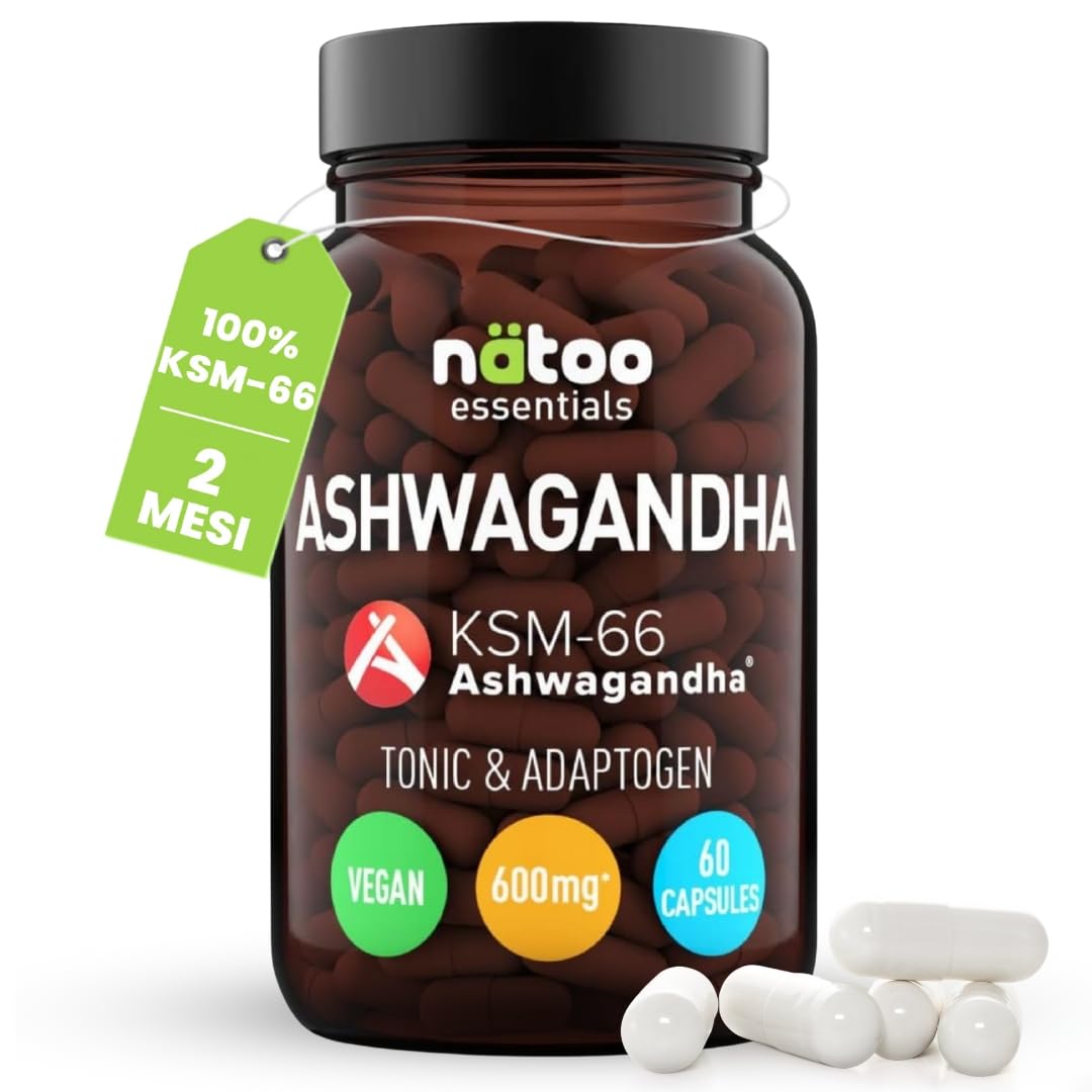 Bio Ashwagandha Ksm-66 Aiuta ad Abbassare il Cortisolo 60 Capsule Vegetali con Withania Somnifera 600 Mg per Dose Integratore Ashwagandha Pura (Ginseng Indiano), Qualità Premium KSM 66, Vegano