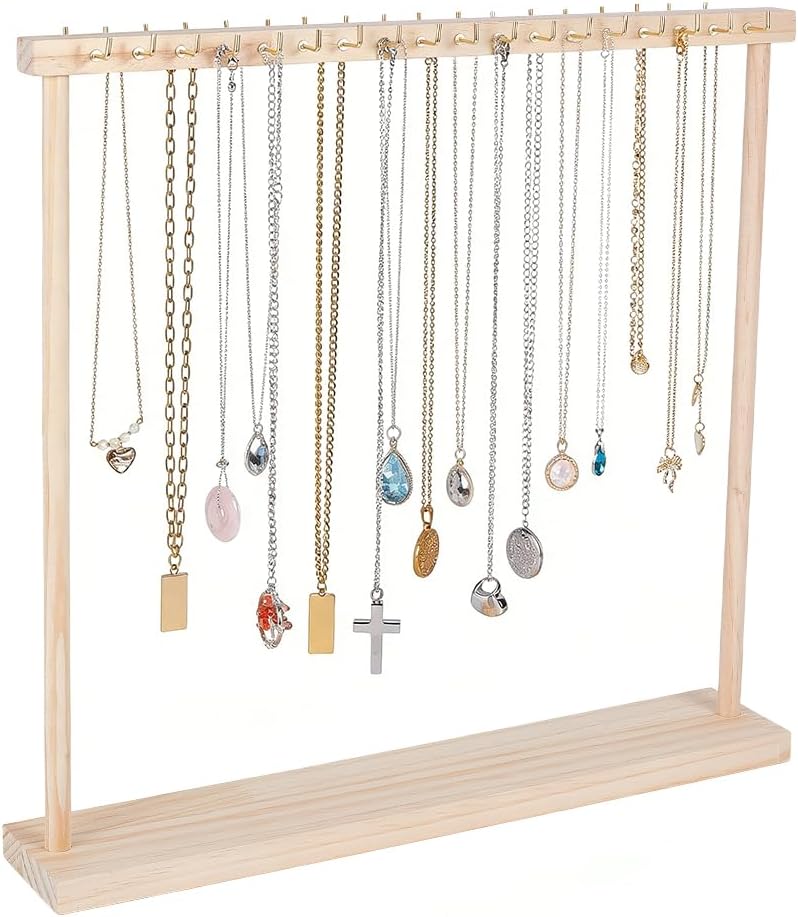 UNICRAFTALE 1Set Wooden Necklace Display Stand with 36Pcs Golden Tone Metal Hooks Rectangle PapayaWhip Bracelets Earrings Holder Rack for Vanity Dresser or Retail 15.75"x2.95"x16"