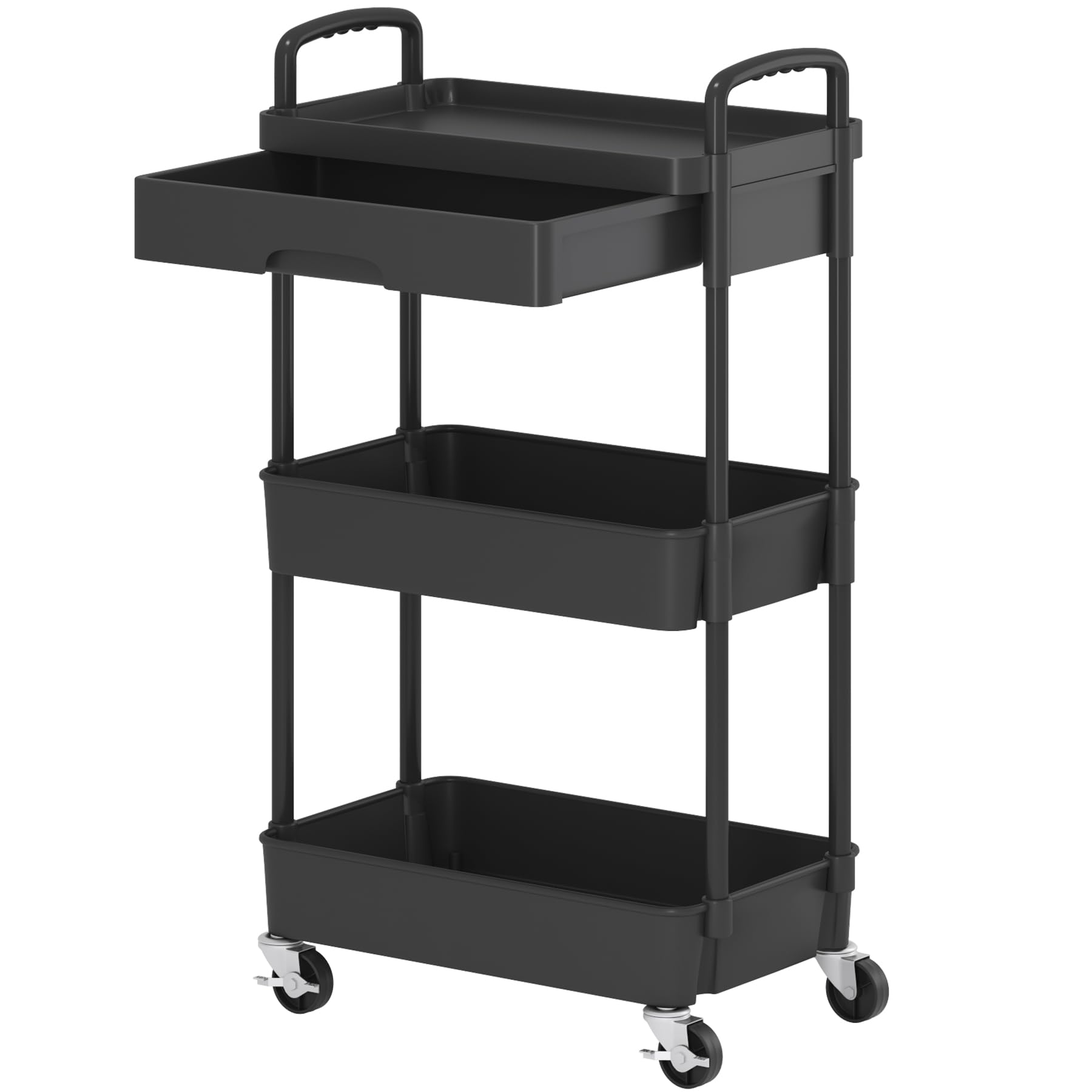 Dttwacoyh, Pratico carrello portatile a 3 livelli con cassetti, carrello portaoggetti con ripiani in plastica, adatto per uffici, cucine, lavanderia, bagno, trucco, nero