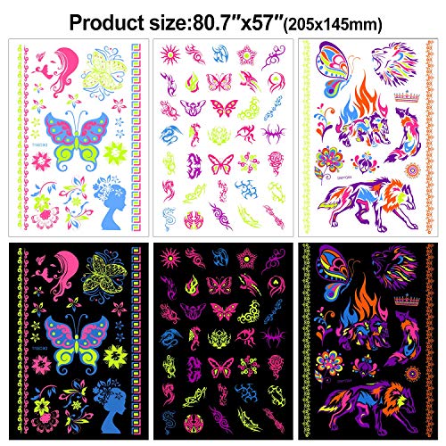 Howaf 8 Large Sheets Neon Temporary Tattoos, 100+ Shimmer Designs Glow Uv Neon Body Face Skin Tattoo Wolf Jewellery Tattoos Flash Fake Waterproof Tattoo Stickers For Women Men Girls Body Art #TOP2