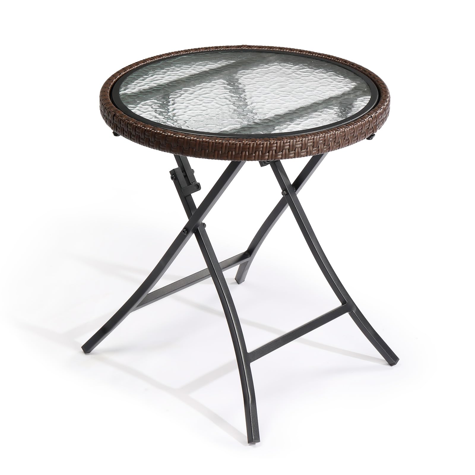 Outvita Folding Outdoor Side Tables for Patio, Durable Tempered Glass Top with Metal Frame Foldable Round Side Table, All Weather Rattan Portable
