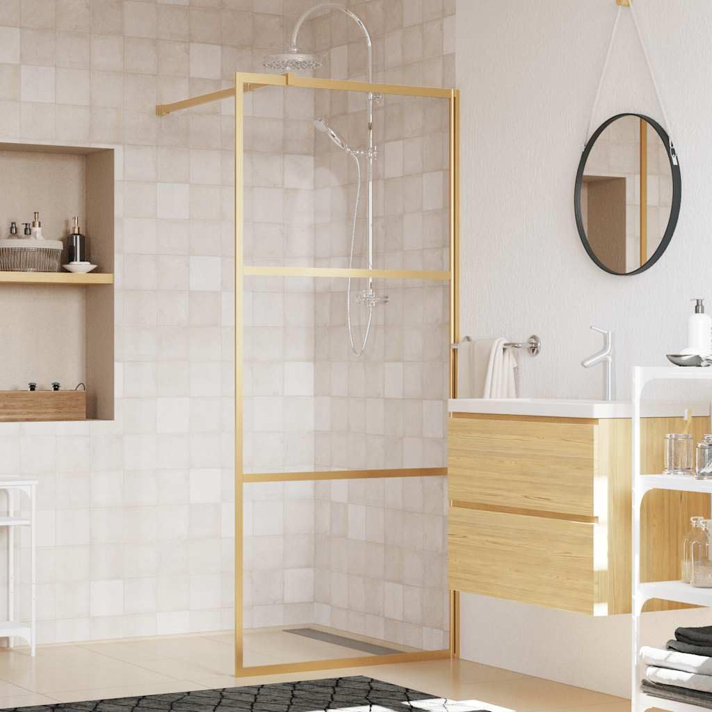 Mampara de ducha de cristal templado dorado transparente, 80 x 195 cm, con cristal de seguridad de 5 mm, marco de aluminio y barra de apoyo ajustable para protección contra salpicaduras en el