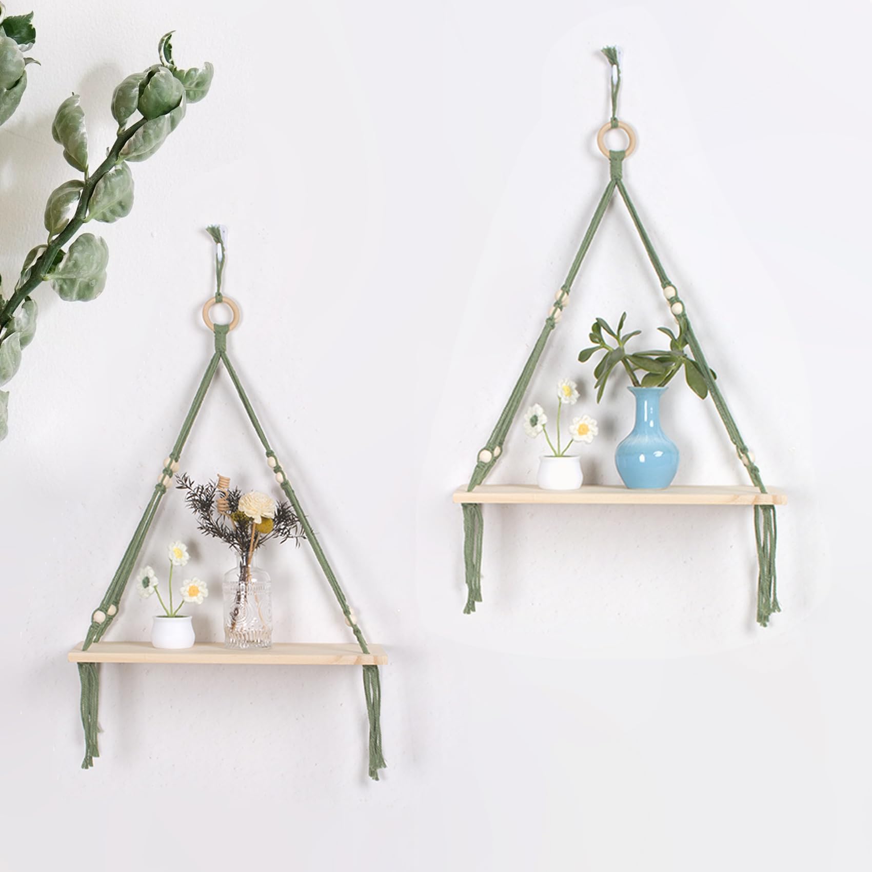 HVEST Green Hanging Shelf Set of 2, Boho Wall Decor, Floating Shelves for Plants, Photos, Books, Farmhouse Rustic Wood Plant Shelf for Bedroom Bathroom Living Room Dorm Nursery