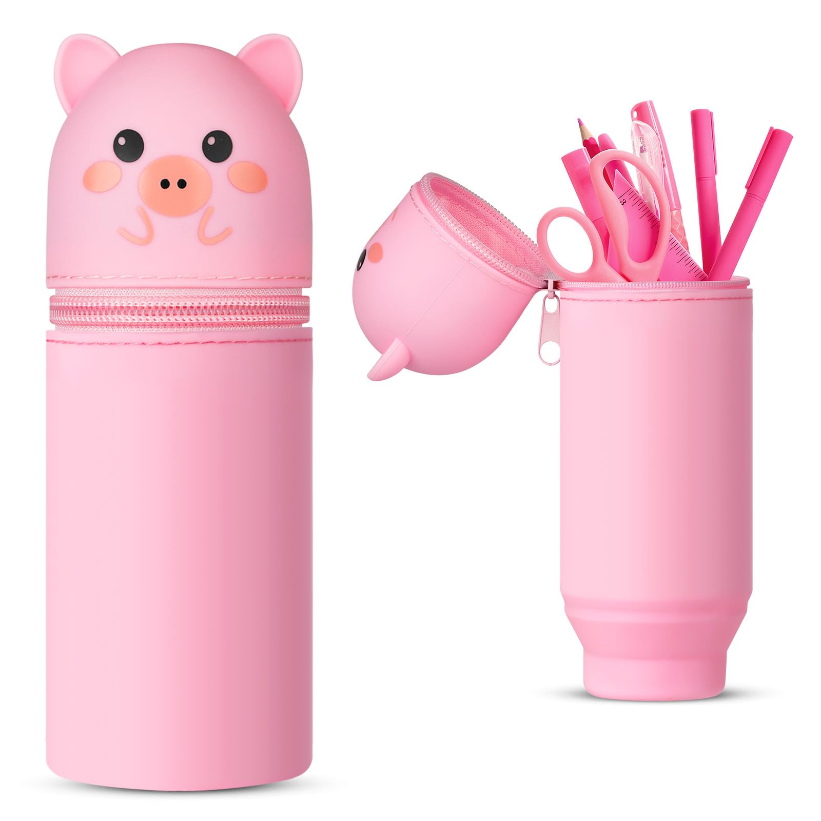 Vicloon Pencil Case, Pig Pencil Case in Soft Silicone, 2 in 1 Silicone Pouches Big Capacity Pencil Case and Desk Pen Holder, Retractable Capacity, Zipper Closure (Pink)