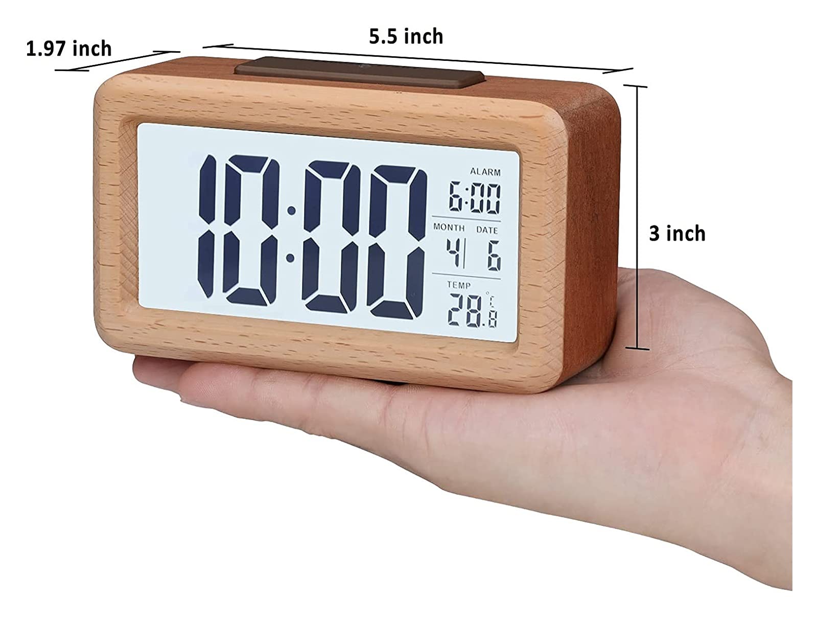 WTL Despertador Reloj de alarma digital de madera, grande DIRIGIÓ Mostrar reloj de alarma de grano de madera, sensor inteligente Luz de noche, snooze y temperatura, Operado por batería, Reloj desperta