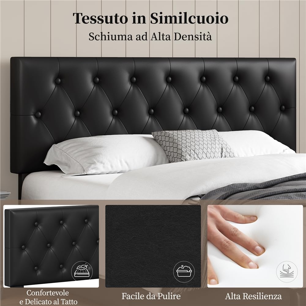 Yaheetech Letto Imbottito Matrimoniale 160 x 200 cm con 2 Cassetti Letto Contenitore con Supporti a Doghe in Legno Testiera Regolabile in Altezza con Rivetti a Punto di Tensione Nero