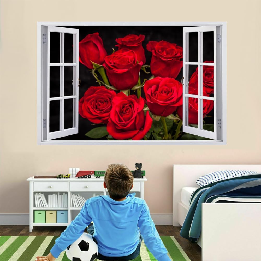 Pegatinas De Decoración De Pared 3D, Rosa Roja Calcomanías De Suelo De Vinilo Impermeables Extraíbles Arte, Plantas Naturales Calcomanías De Mural De Pared Rotas Para Niños Dormitorio 120x80cm