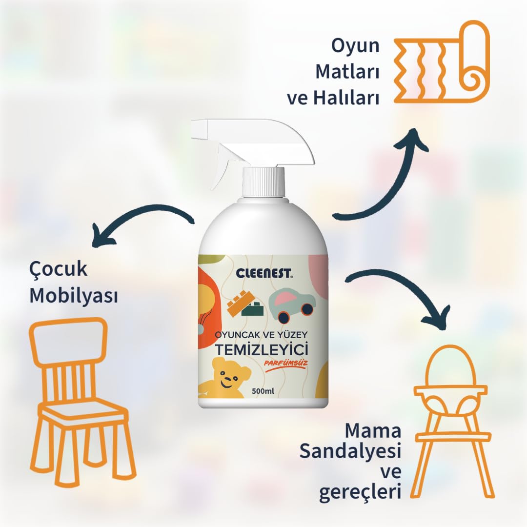 Cleenest Oyuncak Temizleyici Sprey 500 ml – Oyuncak, Mama Sandalyesi ve Yüzeyler için Parfümsüz Hijyen Spreyi