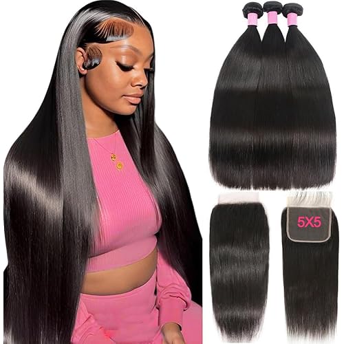 12A Straight Bundles Human Hair with 5x5 Closure 18 20 22+16 Inch Brazilian Human Hair Weave Bundles with 5x5 HD Lace Closure 100% Unprocessed Virgin Hair Extensions
