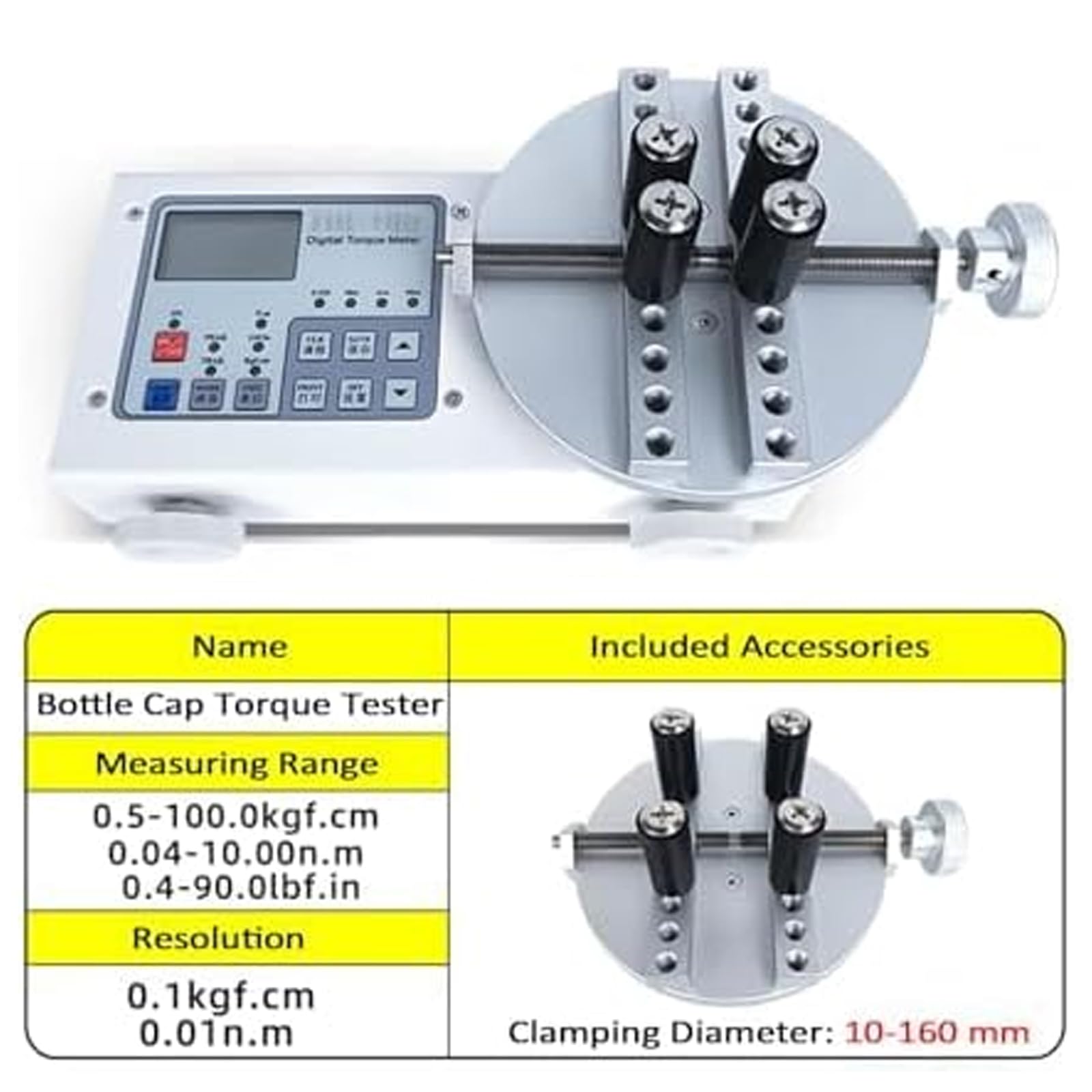 Digitales Drehmomentmessgerät für Flaschen, tragbares Drehmomentprüfgerät für Flaschenverschlüsse, Einstellbarer Durchmesser 10–150 mm, 2 Modi/3 Einheiten, unterstützt N·m, kgf·cm, lbf·in