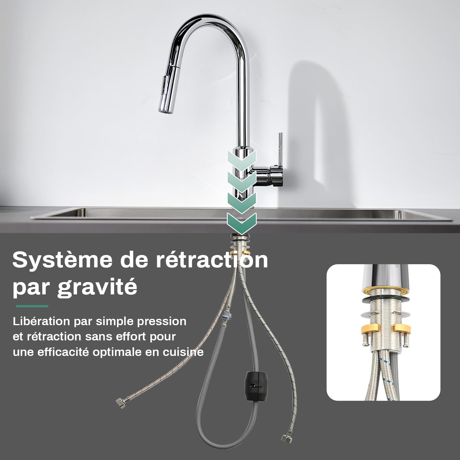 Mitigeur Cuisine Avec Douchette Extractible, Robinet D'évier Pivotant 360°, Acier Inoxydable Chrome