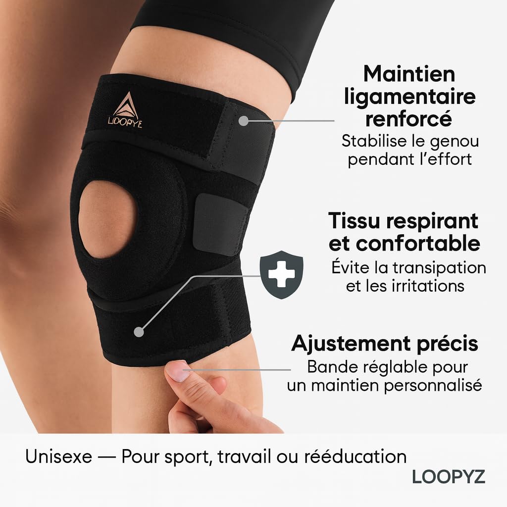 LOOPYZ Genouillère Sport Rotulienne Ligamentaire | Attelle de Maintien Genou pour Running, Basket, Fitness, Crossfit, Rééducation et Arthrose | Stabilisateur Articulations avec Compression Ajustable