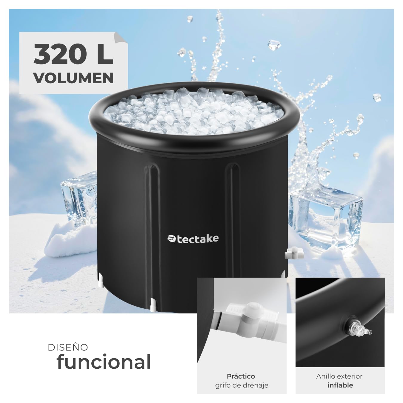 tectake® Bañera Hielo, Bañera Plegable Adulto, Piscina Plegable, Crioterapia, Piscina de Hielo, Baños Portatiles, Piscinas Plegables - 75 x 75 x 75 cm