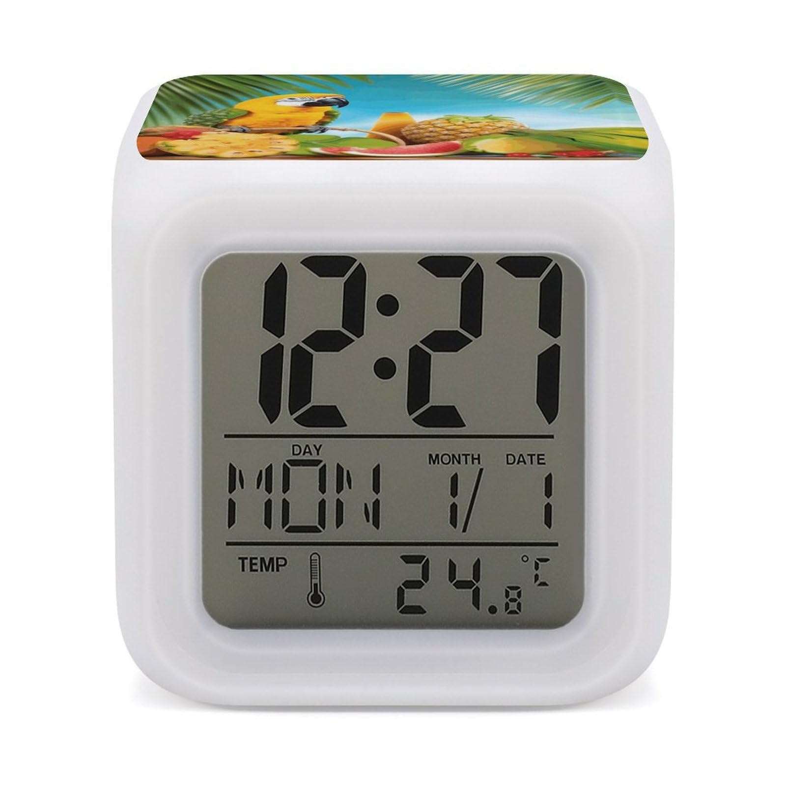 JTREHY 7 Color Changing LED Digital Alarm Clock,Summer Parrot Pineapple Birds Printed Wake-up Clock with Temperature Display Home Decoration Alarm Clock for Bedroom Office