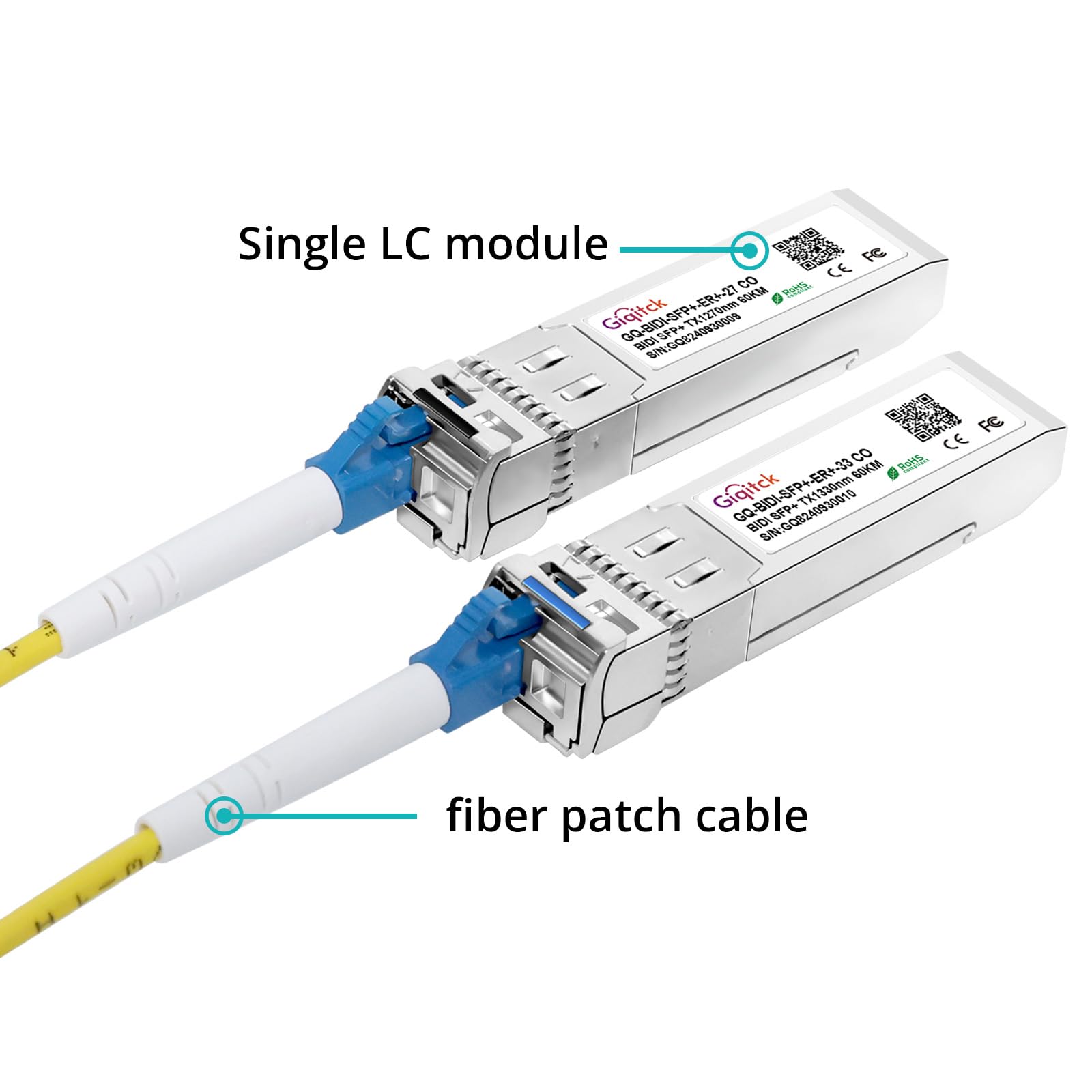 1 paire de modules 10GBASE-BX60-UD BiDi SFP+, TX 1270 nm/1330 nm, RX 1330 nm/1270 nm, 60 km DOM Simplex LC/UPC SMF réseau émetteur-récepteur optique Mini Gbic pour générique