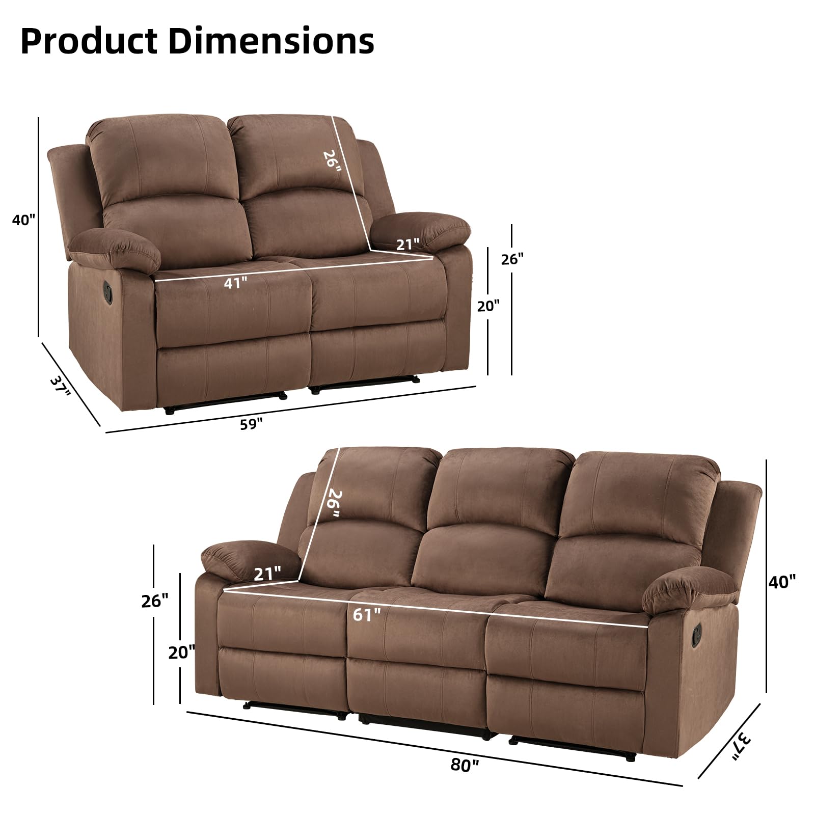 EBELLO Manual Reclining Couch Set for Living Room, Include 1 Loveseat, 3 Seat Sofa, Modern Microfiber Recliner Sofa Furniture Set for Home and Office, Brown view 2