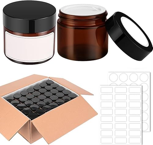 Bumobum - Tarros redondos de vidrio ámbar de 2 onzas, paquete de 70 tarros de crema con tapas negras, etiquetas blancas y negras y revestimientos
