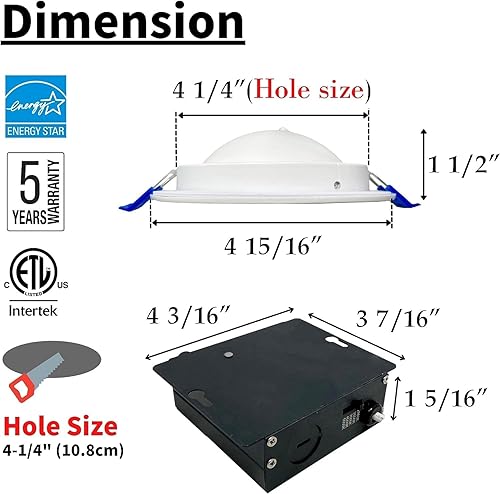 Miniatura 5 de RS - Luz LED empotrable de 4 pulgadas, 5CCT, cardán ocular, 9 W, hasta 860 lm, regulable, clasificación IC, 2700K-3000K-3500K-4000K-5000K