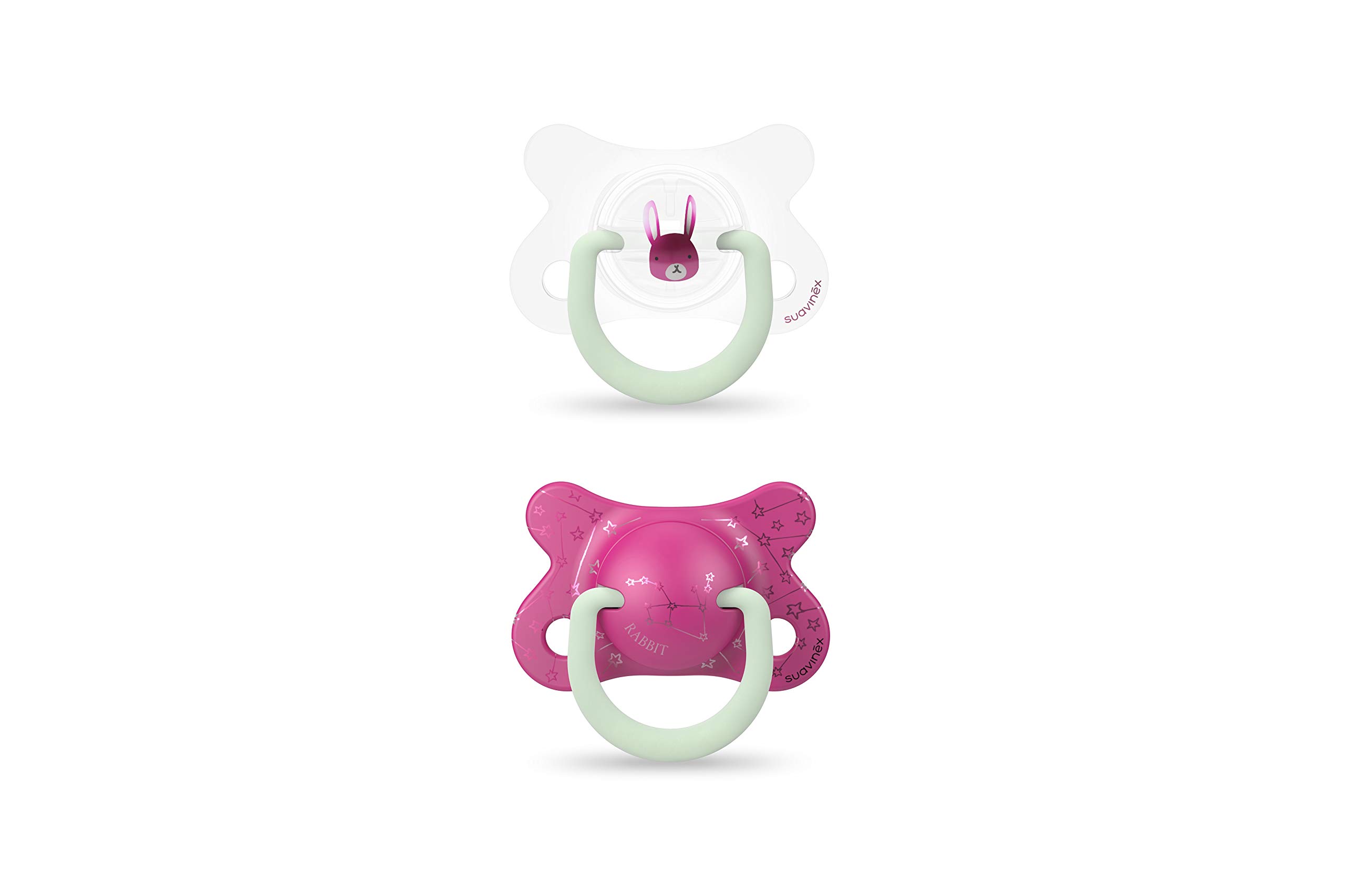 Suavinex, Set de 2 Sucettes Phosphorescentes. Brille dans le noir. Sucettes Symétriques en Silicone. Night&Day. Sucette -2-4 Mois, Lapin Rose, 2 Unités