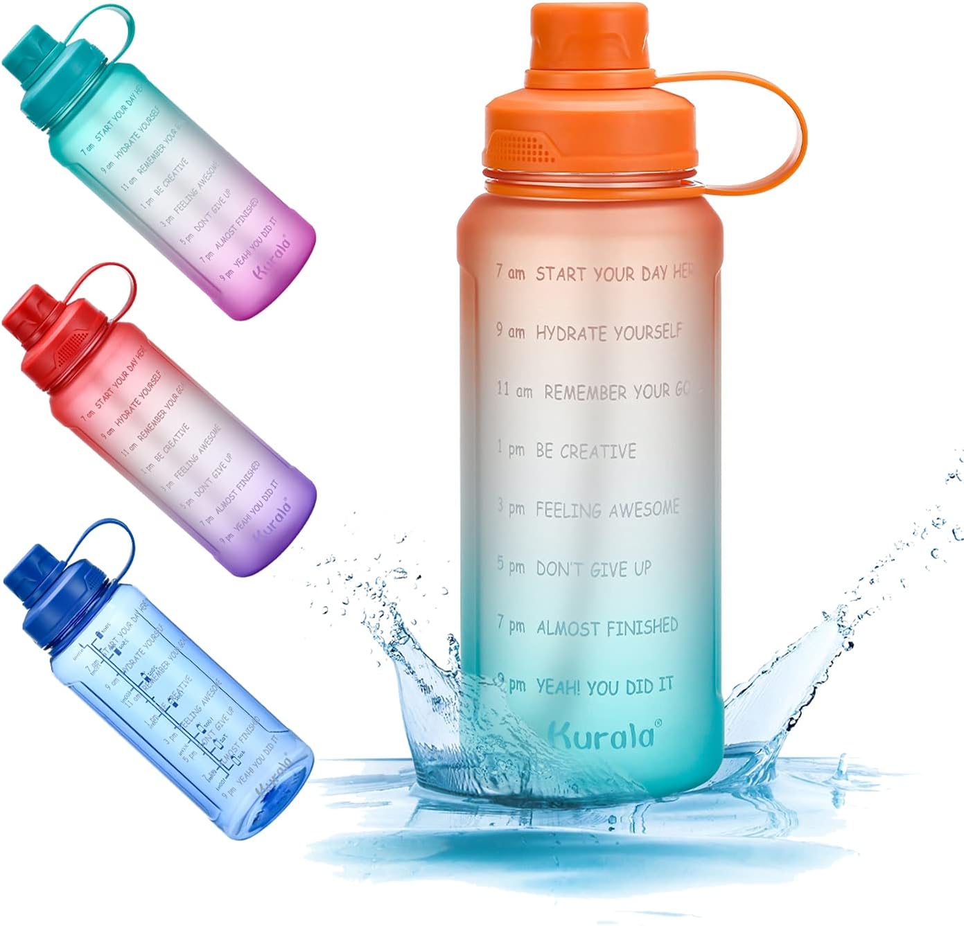 32 oz Motivational Water Bottle with Time Marker Reminder ＆ Straw, Leak-proof No BPA Hydration Sports Daily Water Bottle Jug for Fitness Gym Outdoor Sports Activity (Orange Green Gradient)