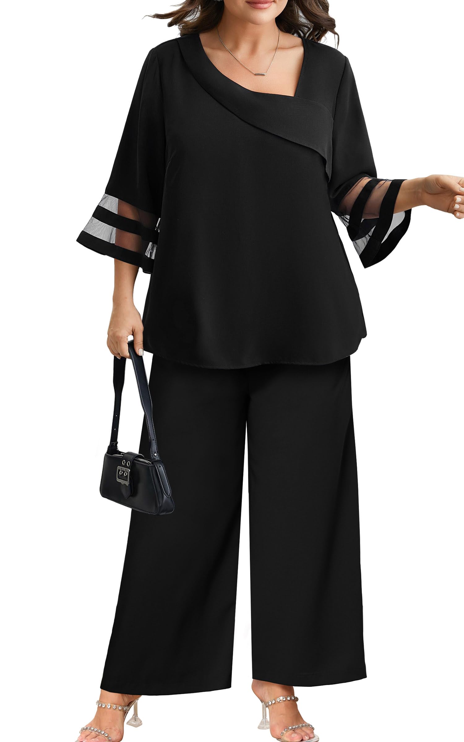 AOVDE Plus Size Pant Suits 2 Piece Casual Dressy Pantsuits Mesh Panel Bell Sleeve Outfits for Women Evening