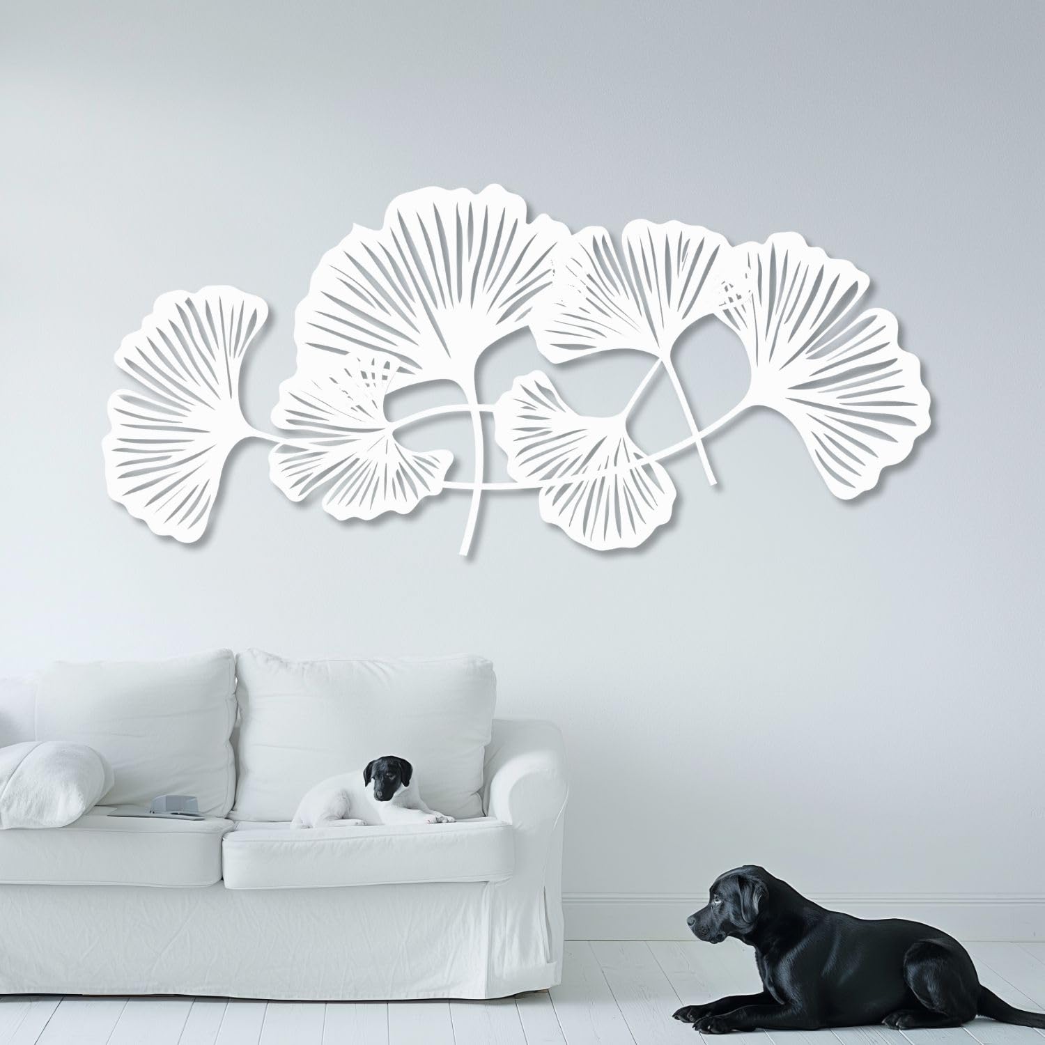 Décoration murale en métal design moderne grandes feuilles blanches 90 x 43 cm