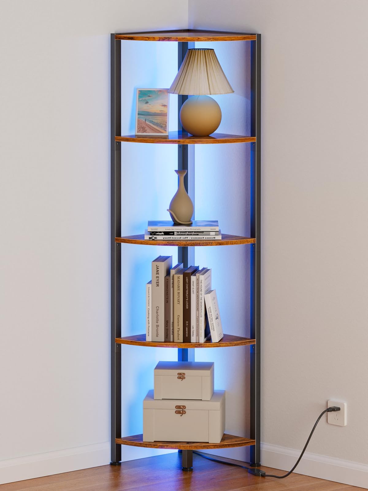 Furnulem 5 Tier Corner Shelf with LED Light, 54.7” Tall Standing Shelf Organizer, Narrow Bookshelf with Storage Rack for Wall Corner, Living Room, Bedroom, Metal Frame, Wood Display Shelf