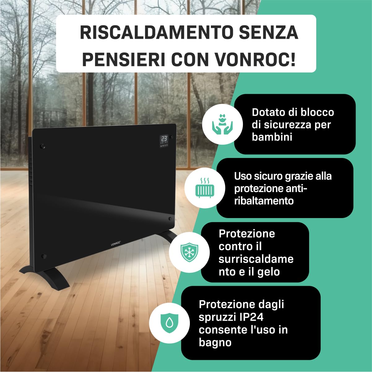 VONROC Riscaldatore elettrico di lusso | Termoconvettore smart a pannello in vetro - 2000W - | Controllo manuale e Wifi Nero