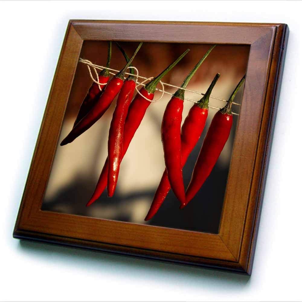 3dRose Framed Tile - Red Chili Peppers Hangs on a Rope in a Row - 6 by 6-inches (ft_292855_1)