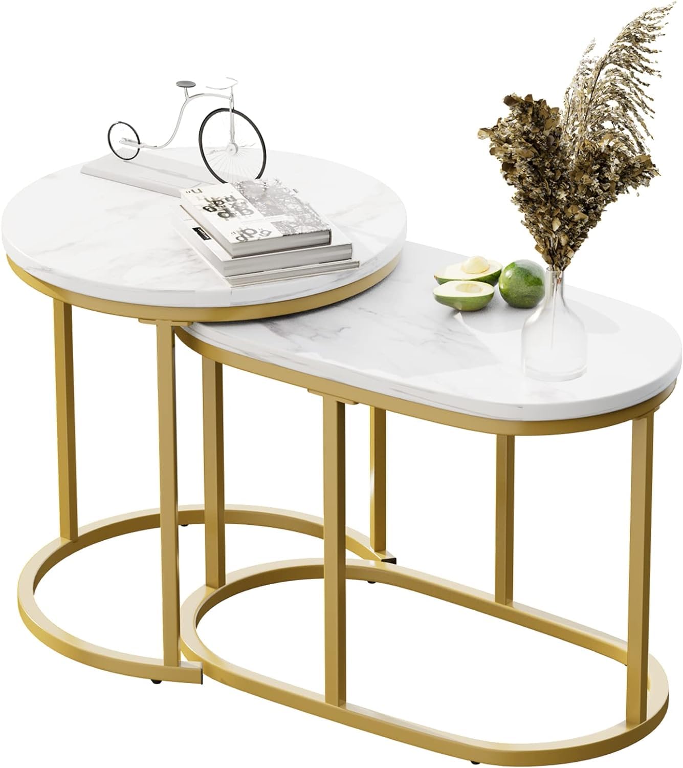 Huhote Round Coffee Tables, Set of 2 End Table, Nesting Tables, Oval Side Table with Metal Frame for Living Room/Bedroom/Balcony/Office/Apartment, Diameter 21/23 IN (Gold Frame, White Marble Top)