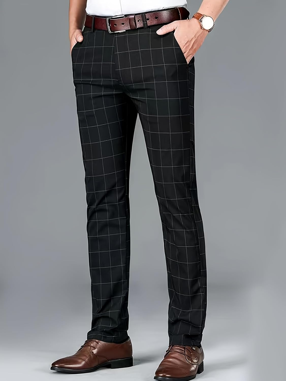 i·FineLong Plaid Men's Dress Pants Slim Fit Skinny Suit Pants