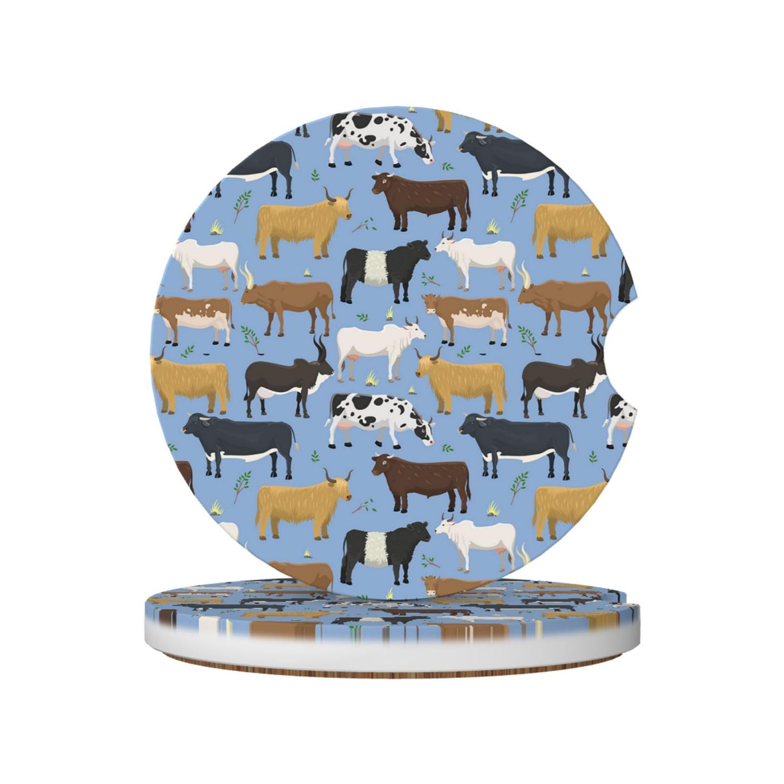 Set Of Bulls And Cows Farm Animal Cattle Mammal, Car Cup Holder Coasters 2 Pack, Absorbent Ceramic Car Coasters with Non Slip Cork Base