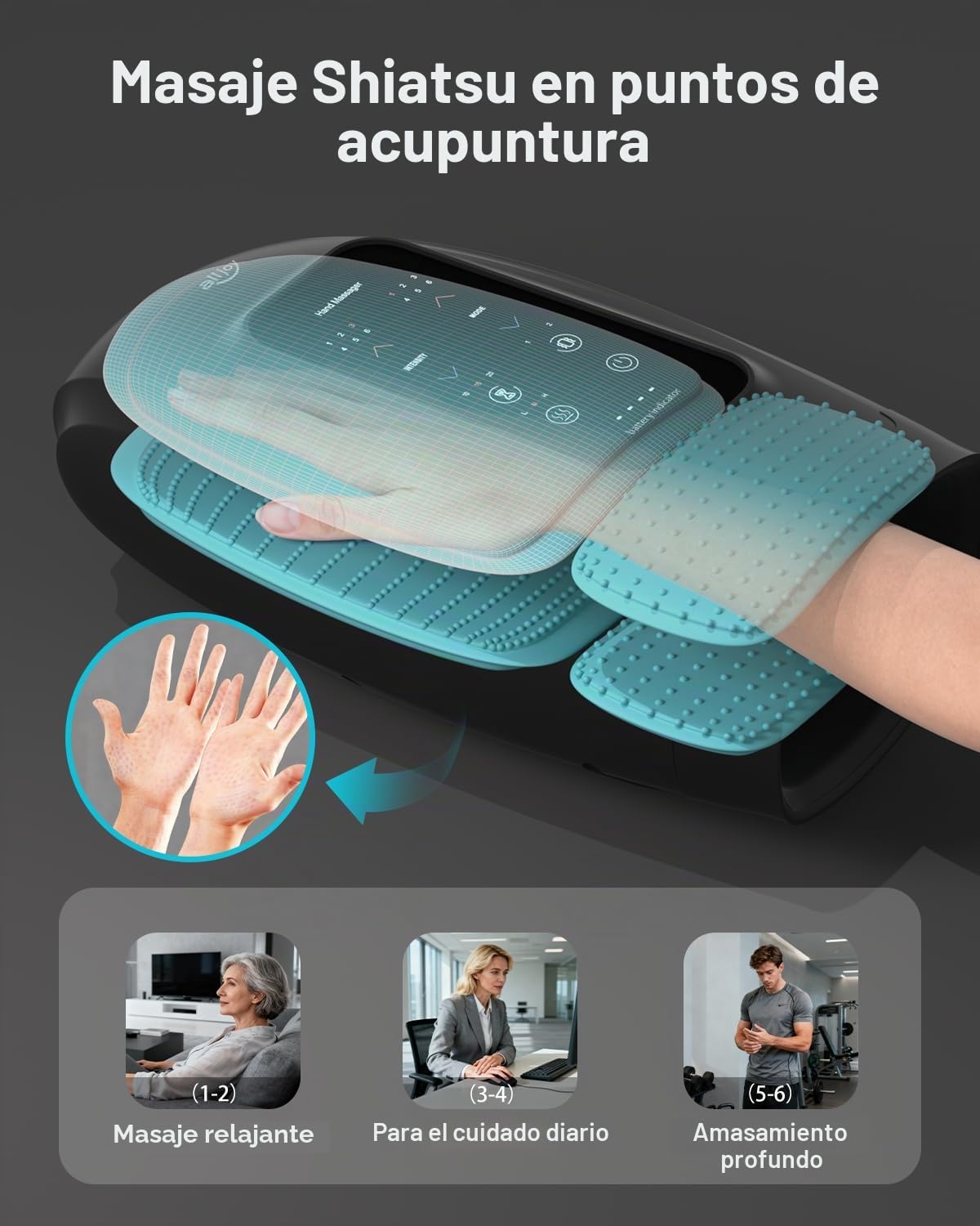 ALLJOY Masajeador de manos para artritis y alivio del túnel carpiano, masajeador de manos inalámbrico con pantalla táctil con vibración y calor, terapia de punto de presión de 6 niveles, regalos para