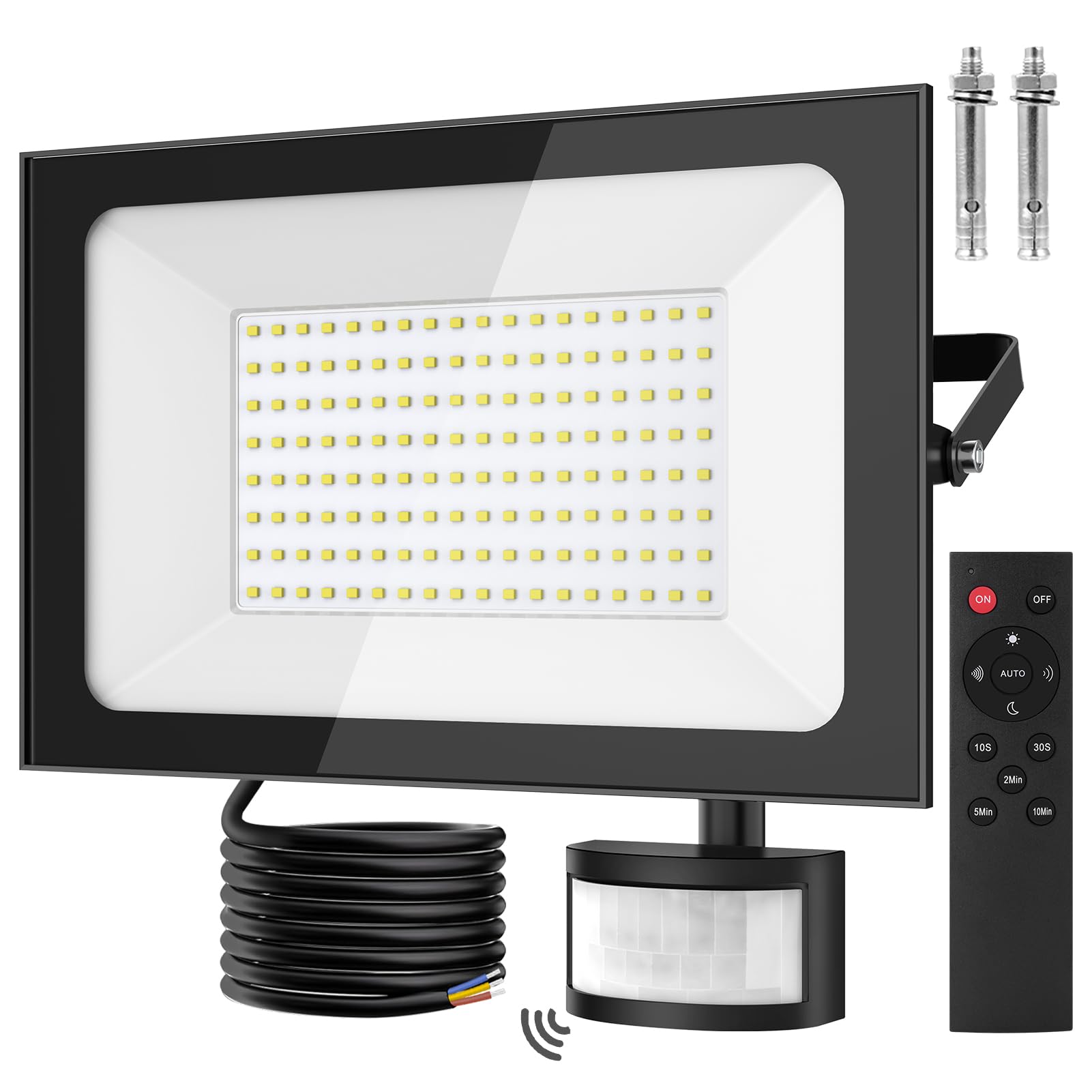 papasbox Faretto LED con Sensore 150W, 15000LM Luce Bianca Fredda 6500K, IP66 Impermeabile Proiettore Esterno con Telecomando, Timer Regolabile per Giardino Garage