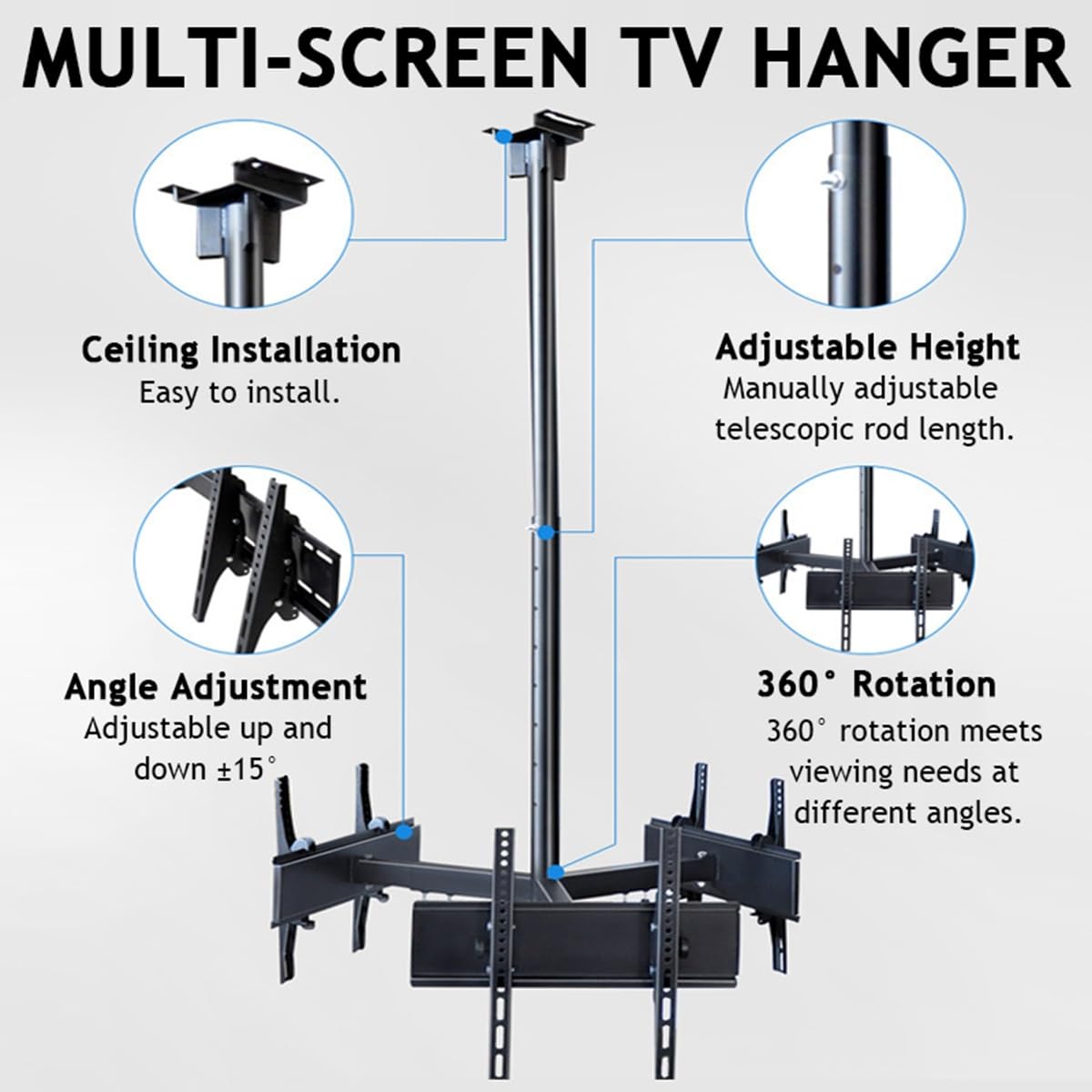 Soporte de TV de Techo de 3 Lados - Soporte de TV Colgante de Techo con 7 velocidades de Altura Ajustable, Compatible con la mayoría de televisores de 32 a 75 Pulgadas