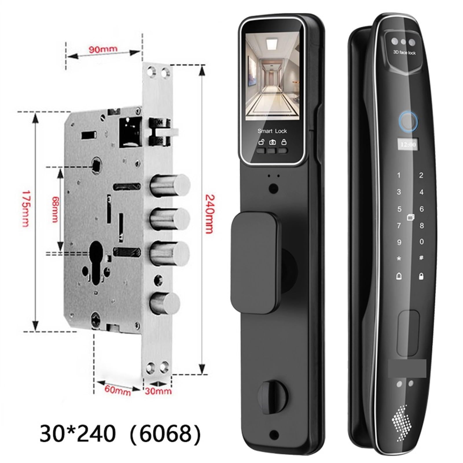 Serratura Smart, 3D Face Smart Door Lock Telecamera di Sicurezza Monitor Impronta Digitale Intelligente Password Sblocco Chiave Elettronica biometrica(CS7(6068-R))