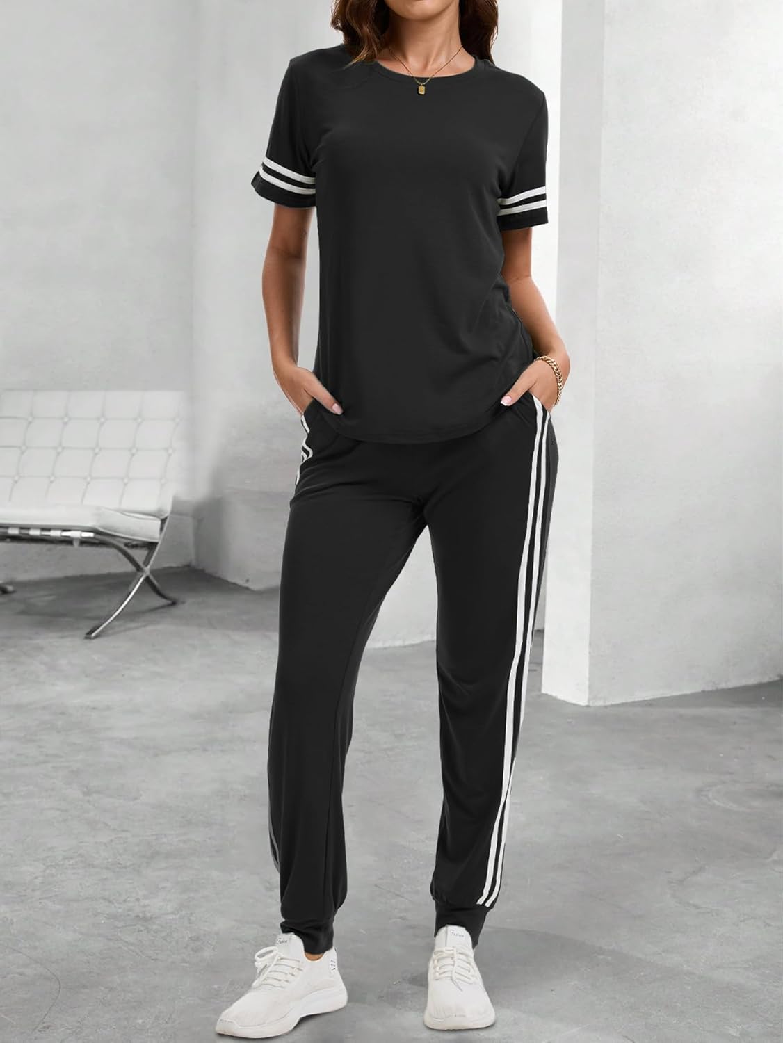 Women 2 Piece Outfits Summer Set Striped Short Sleeve Sweatsuits Crew Neck Pullover Lounge Tracksuit with Pocket - Image 2