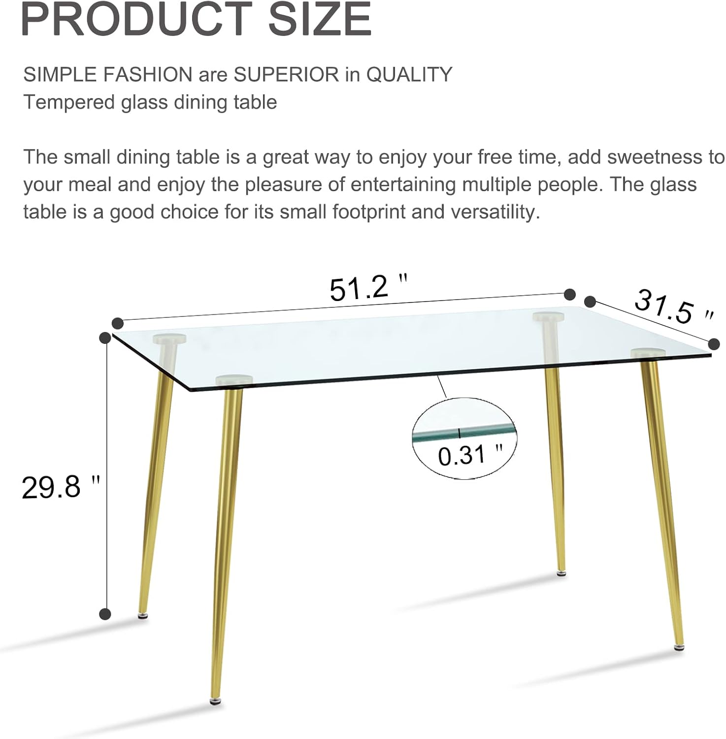 Glass Dining Table,51" Modern Rectangular Table with Spacious Tempered Glass Tabletop & Gold Plated Table Legs,Simplistic Kitchen Table, Versatile Table for Home Office