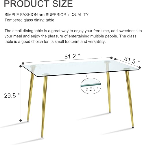 Miniatura 2 de Mesa de comedor de cristal, mesa rectangular moderna de 51 pulgadas con amplia mesa de vidrio templado y patas de mesa chapadas en oro, mesa de