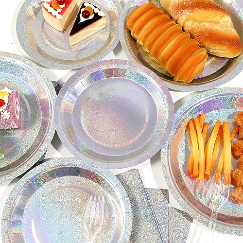 Image of 96 Pcs Iridescent Birthday Tableware Set Iridescent Party Supplies Decorations Holographic Foil Paper Plates and Napkins for Bachelorette Wedding Y2K Disco 24 Guest Birthday Party Favor