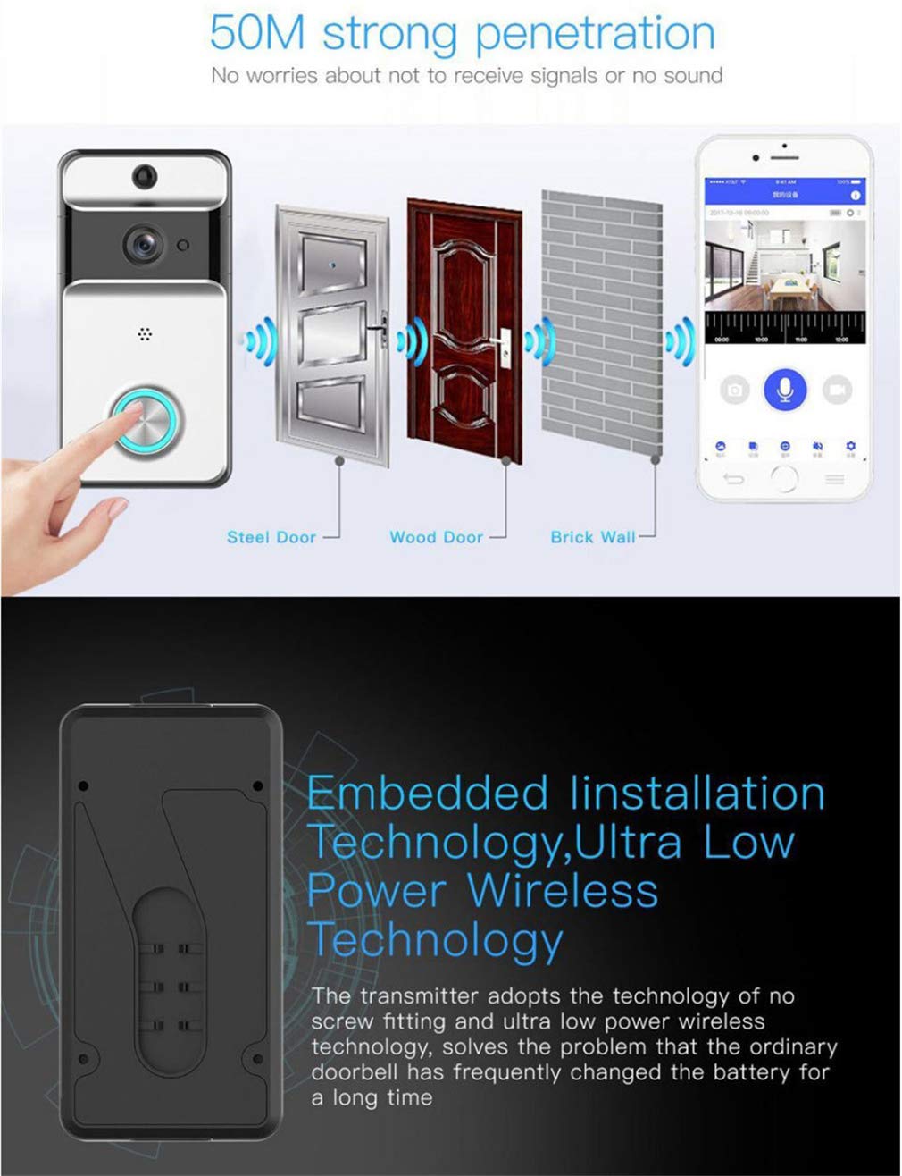 Timbre Inalámbrico, 160 ° Wi-Fi Smart Home Vídeo Timbre De La Puerta, Audio De Dos Vías Intercomm Vídeo Timbre De La Puerta IP53 A Prueba De Agua, El Apoyo TF Tarjeta De Almacenamiento