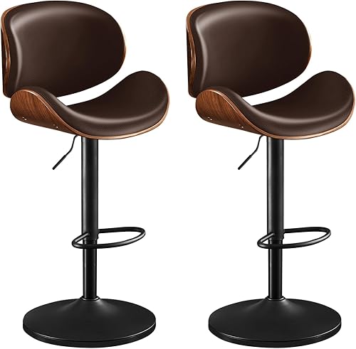 Miniatura 12 de Furniliving Juego de 2 taburetes de bar con respaldo, modernos taburetes de cocina cuadrados de piel sintética con reposabrazos, taburetes de bar