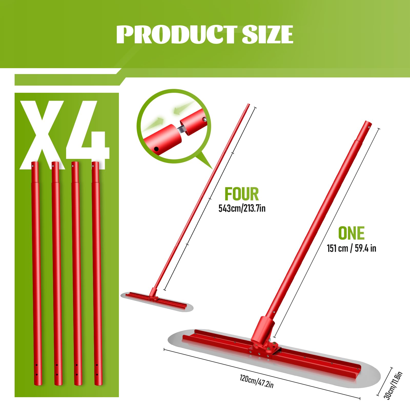 Utensile per frattazzo in cemento inossidabile, utensile per frattazzo con estremità arrotondata da 48"x12" utensile per cemento con 4 pali ad incastro da 72 pollici e staffa di inclinazione, utensi