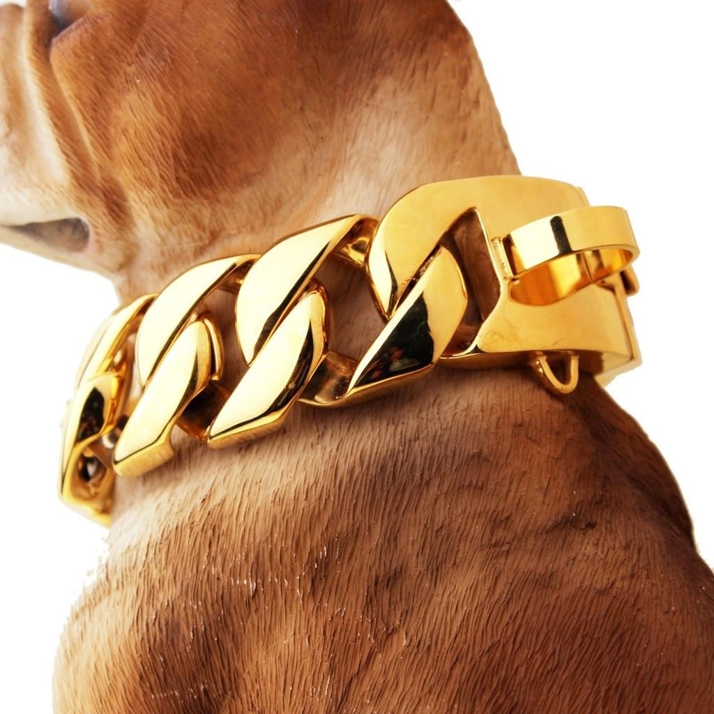 Goldfarbenes Hundehalsband, 32mm, Kubanisches Gliederhalsband mit Sicherer Schnappschnalle, 18 Karat Edelstahl, Für Alle Rassen, Mittelgroße Und Große Hunde(Gold,45cm)